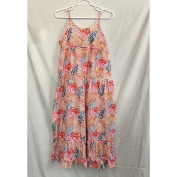 America & Beyond Dresses & Skirts - America & Beyond Tropical Palm Leaf Tiered Maxi Dress Pom Pom Hem Pink XL